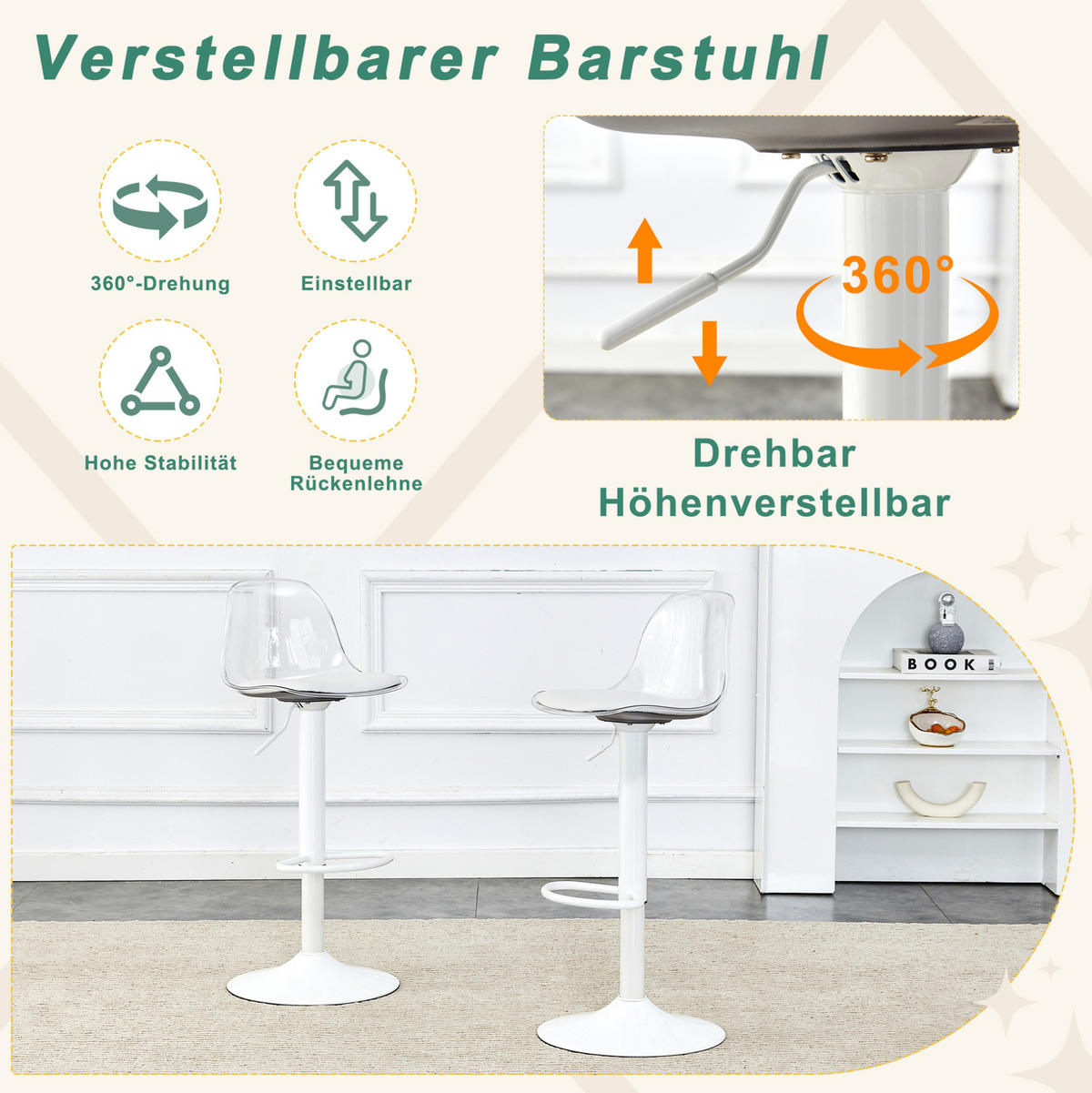 BARHOCKER 2er-Set höhenverstellbar Weiß mit transparenter Rückenlehne - Weiß, Metall (40.5/104/40.5cm) - MIVRAY