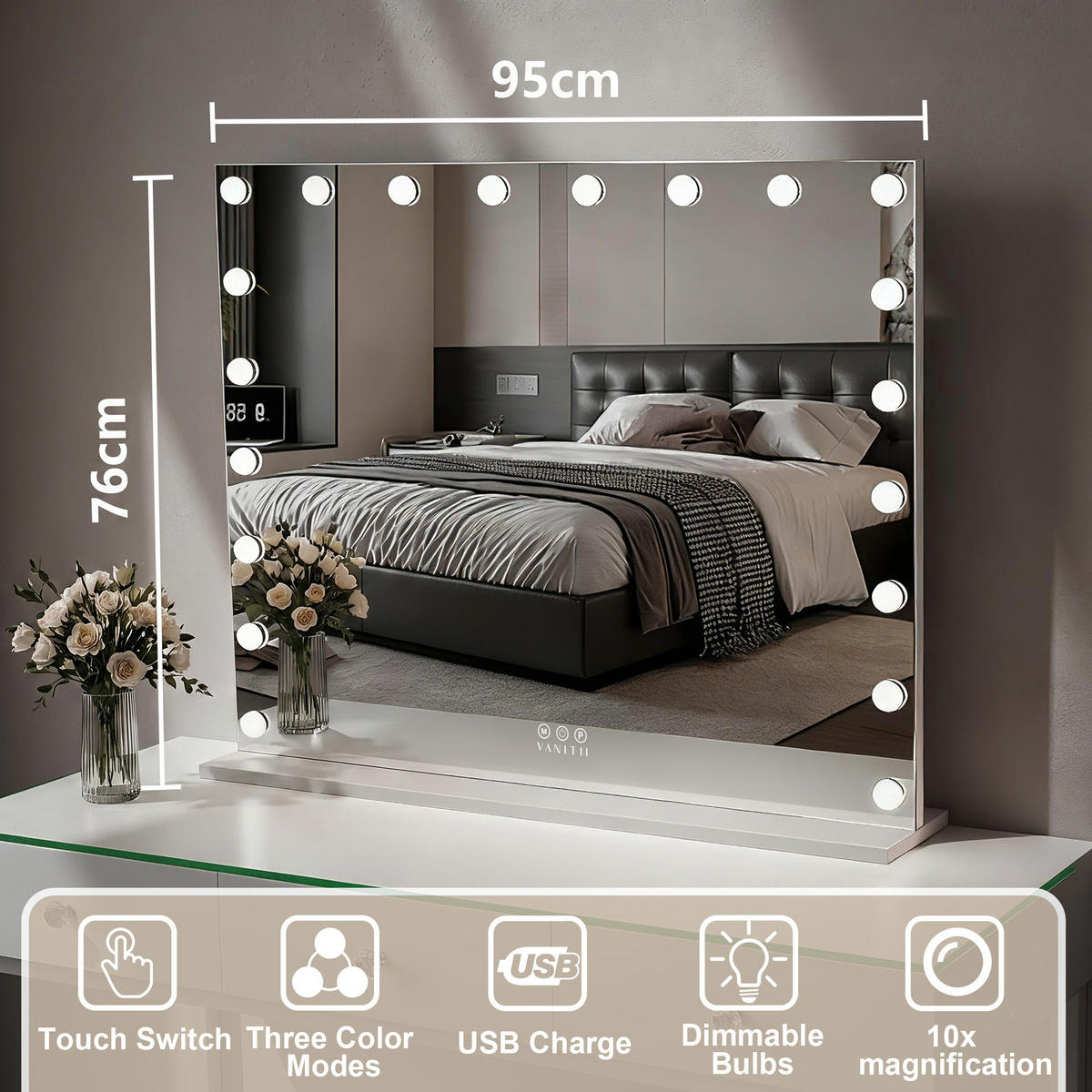SCHMINKSPIEGEL mit LED-Beleuchtung weiß 95/76 cm - Weiß, Metall (100/80/15cm) - VANITII