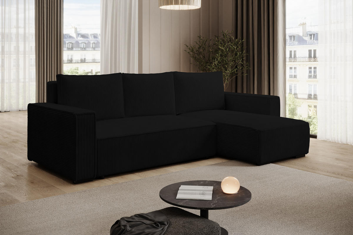 ECKSOFA CUDDY L, Eckcouch in L-Form mit Schlaffunktion und Bettkasten, Farbe: Schwarz, Cordstoff, Ottomane Rechts - Schwarz, Textil (240/140cm) - Storez24