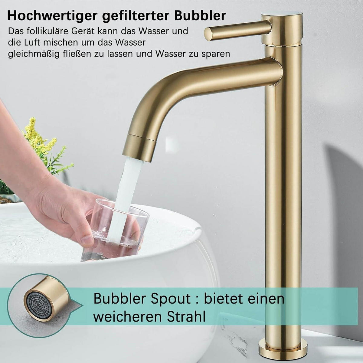 WASCHTISCHARMATUR mit hohem Auslauf Messing Gold Einhebelmischer - Goldfarben, Metall (9.6/21/30.7cm)