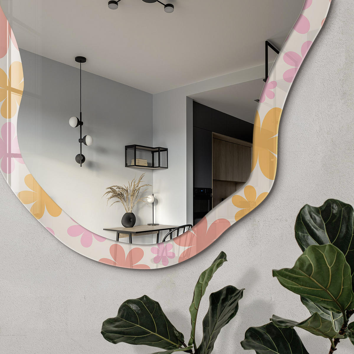 SPIEGEL 90x45 cm asymmetrisch mit Druck - Blumenmuster - Transparent, Glas (45/90/0.4cm) - TULUP