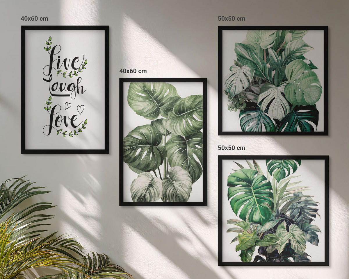 WANDBILDER 4er-Set - 50x50 cm & 40x60 cm Schwarzer Rahmen - Blattpflanzen leben, lachen, lieben - Schwarz, Kunststoff (50/50cm) - ArtPrintCave