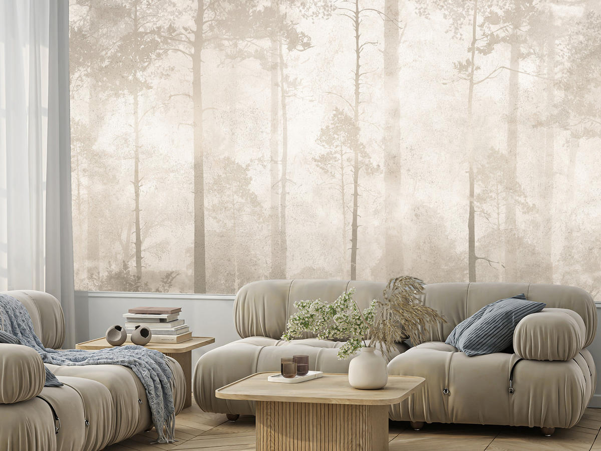 FOTOTAPETE für Wohnzimmer Nebliger Wald Vintage Bäume 350x256 - Beige/Braun, Papier (350/256cm) - Muralo