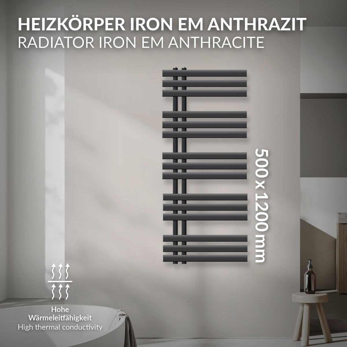 KOUPELNOVÝ radiátor Iron EM 500x1200 antracit - antracitová, kov (50/120/3cm) - LuxeBath