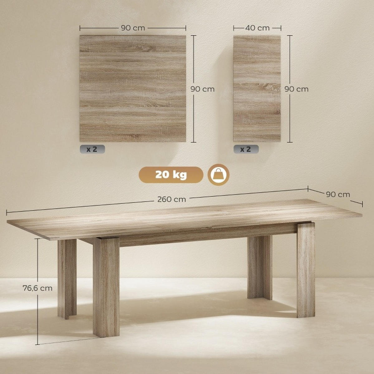 AUSZIEHTISCH 180/90/76,6 cm in Eichefarben – ausziehbar auf 260 cm - Eichefarben, Holz (260/90/76.6cm) - BEAOK