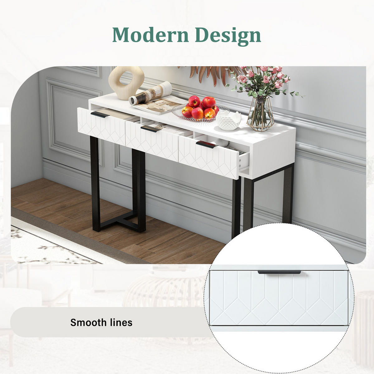 BEISTELLTISCH Weiß Schublade Gold Gestell Verstellbare Füße Schwarze Griffe - Weiß, Holz (132.08/44.45/16.51cm) - FLIEKS