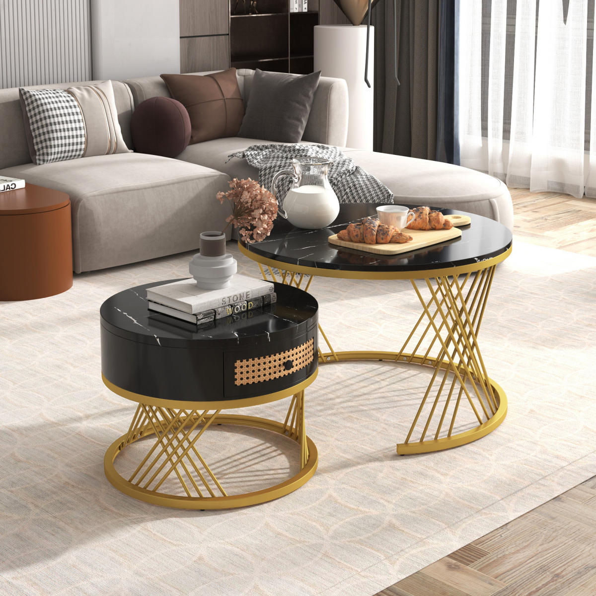 COUCHTISCH-SET Schwarz Gold mit Rattan-Schublade - Schwarz, Metall (70/70/45cm)