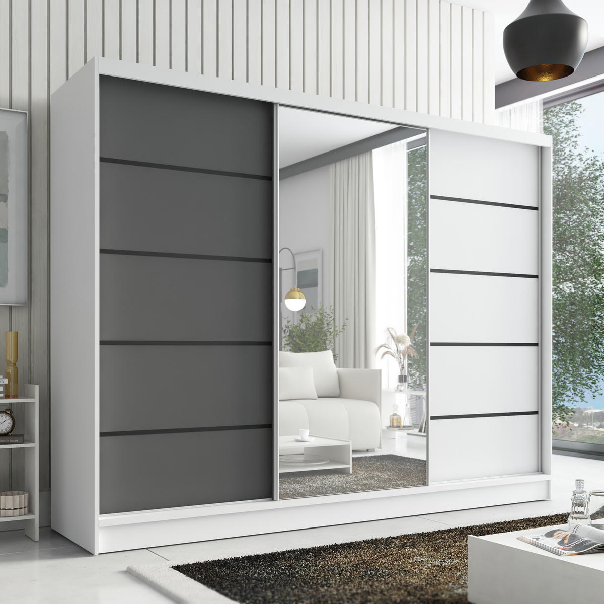 SCHWEBETÜRENSCHRANK 200 cm AURELIA 2 Farbe: Weiß, Graphit, Weiß - Graphitfarben/Weiß, Holzwerkstoff (200/215/60cm) - A&J MöbelLand