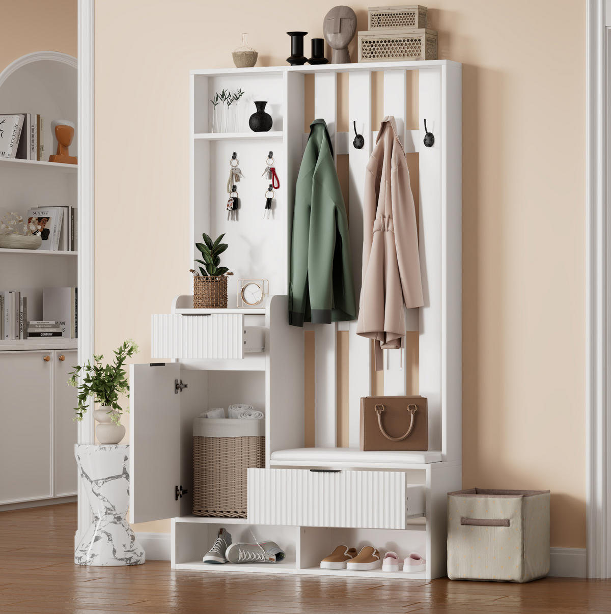 GARDEROBE 100/180/30 cm Weiß aus Spanplatte mit Sitzkissen - Weiß, Holzwerkstoff (30/180/100cm) - OKMYHOME