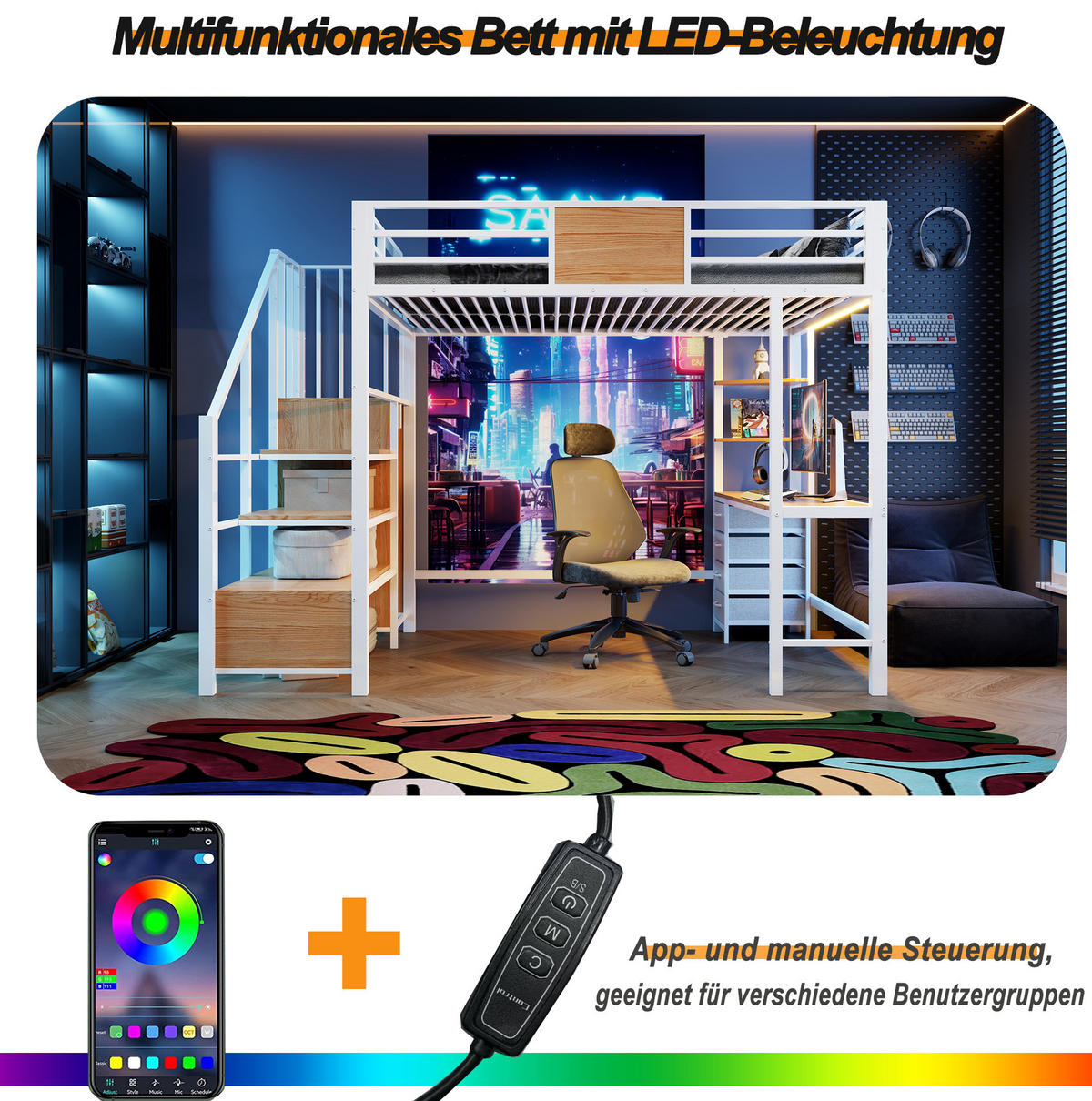 HOCHBETT 140x200 cm in Weiß mit Schreibtisch, LED-Beleuchtung und Steckdose - Weiß, Metall (140/200cm) - IVMEU