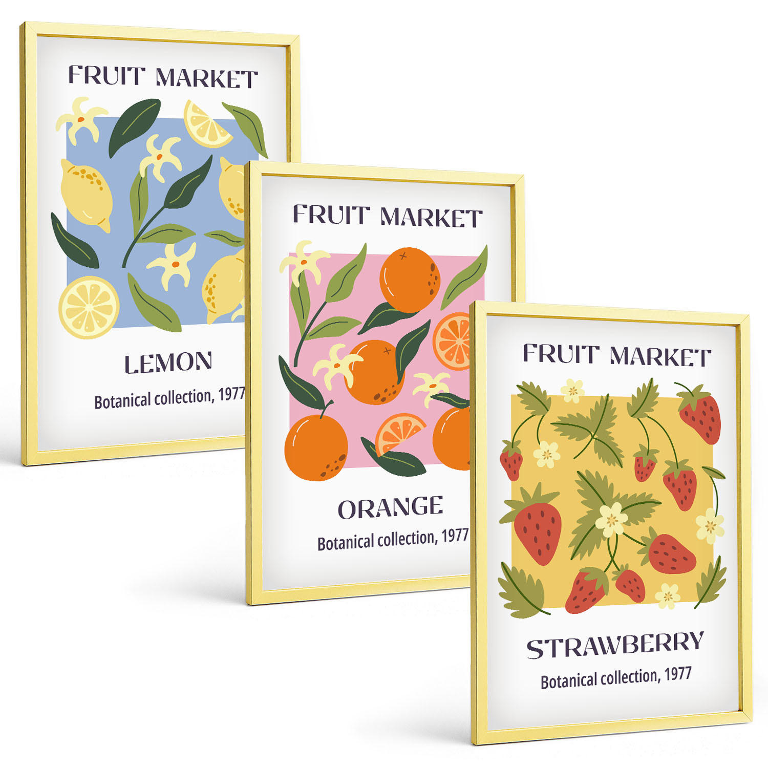 BILDER SET 3er Set - 40x60 cm Goldrahmen - Fruchtposter Zitronen Erdbeeren - Goldfarben, Kunststoff (40/60cm) - TULUP