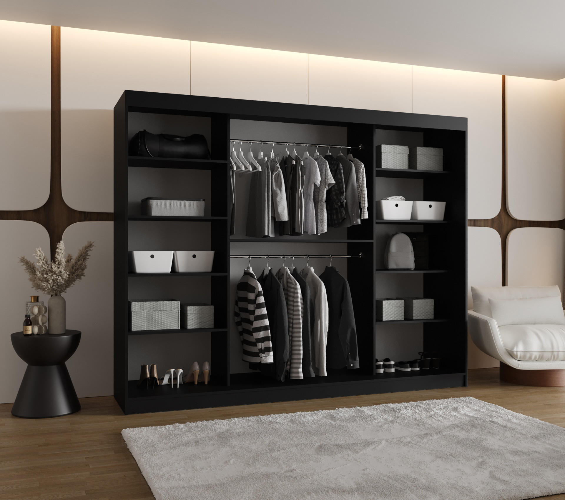 Thumbnail - Möbel Kryspol Schwebetürenschrank, Schwarz, Holz, Nachbildung, 9 Fächer, 250x200x62 cm, Schlafzimmer, Kleiderschränke, S...