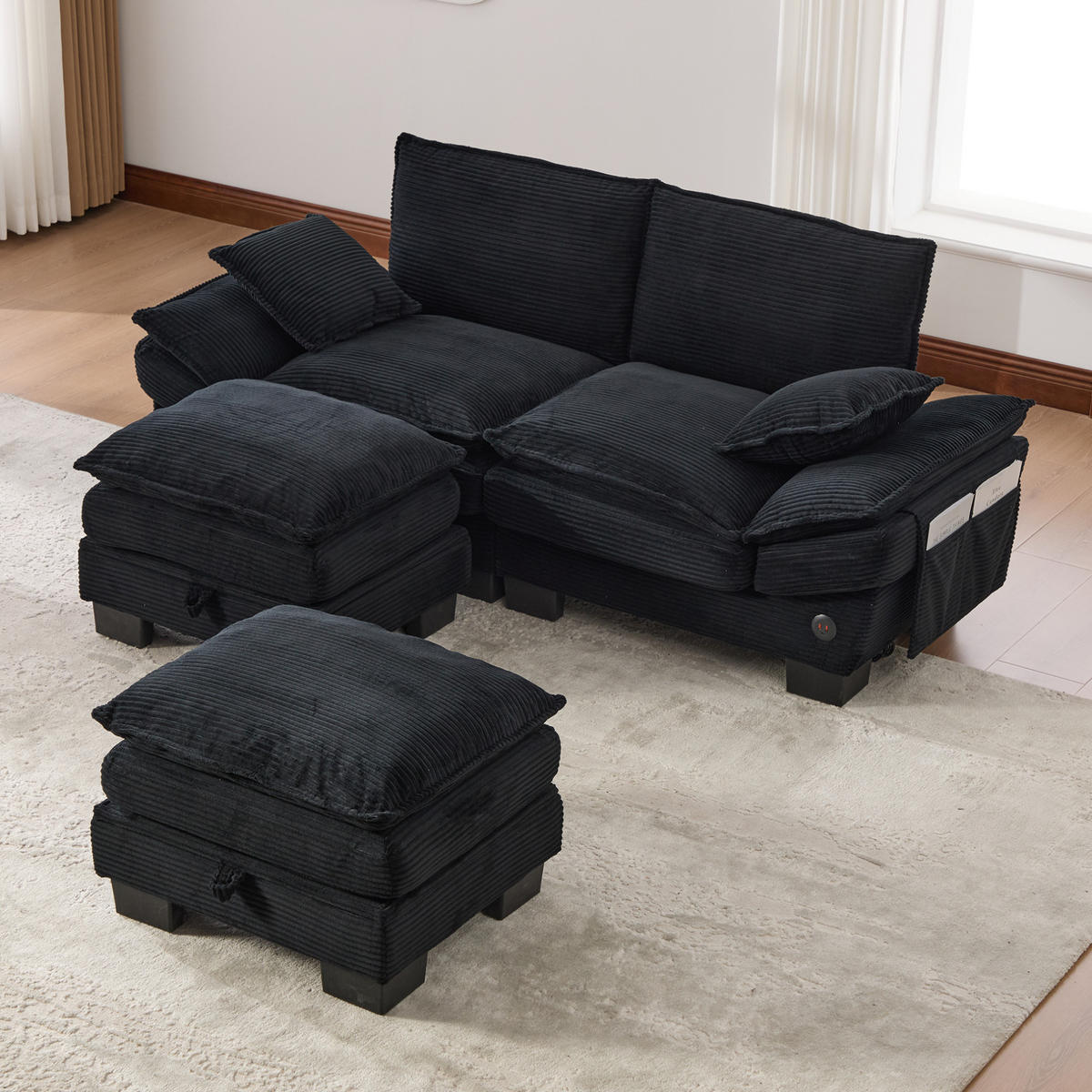 SOFA modular 190 x 132 cm Cord Black 3-tlg. - Schwarz, Kunststoff (132/84/190.1cm) - Meubliv