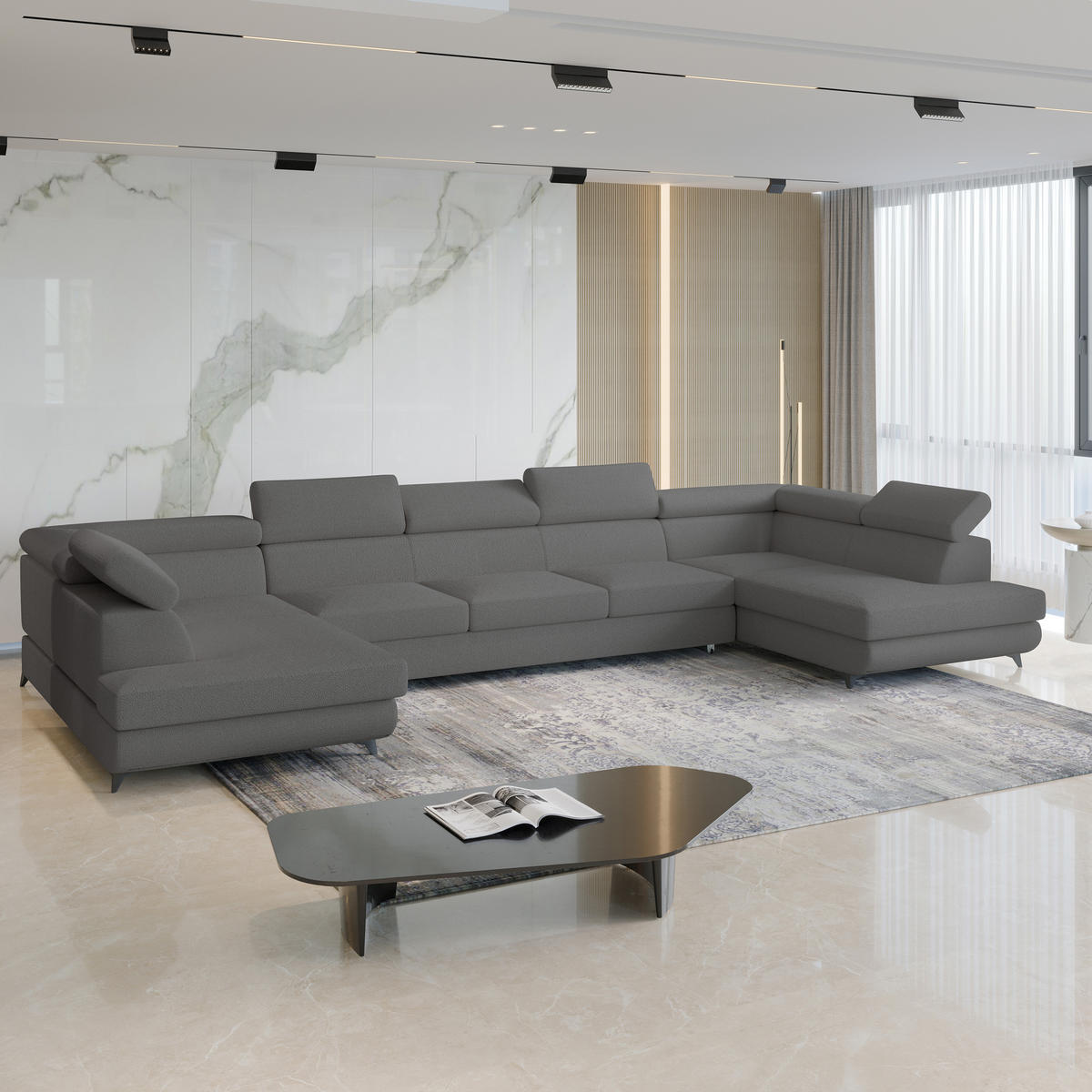 WOHNLANDSCHAFT URMANO Grau Boucle-Stoff mit Schlaffunktion - Grau, Holz (395/89/190cm) - MASSENO