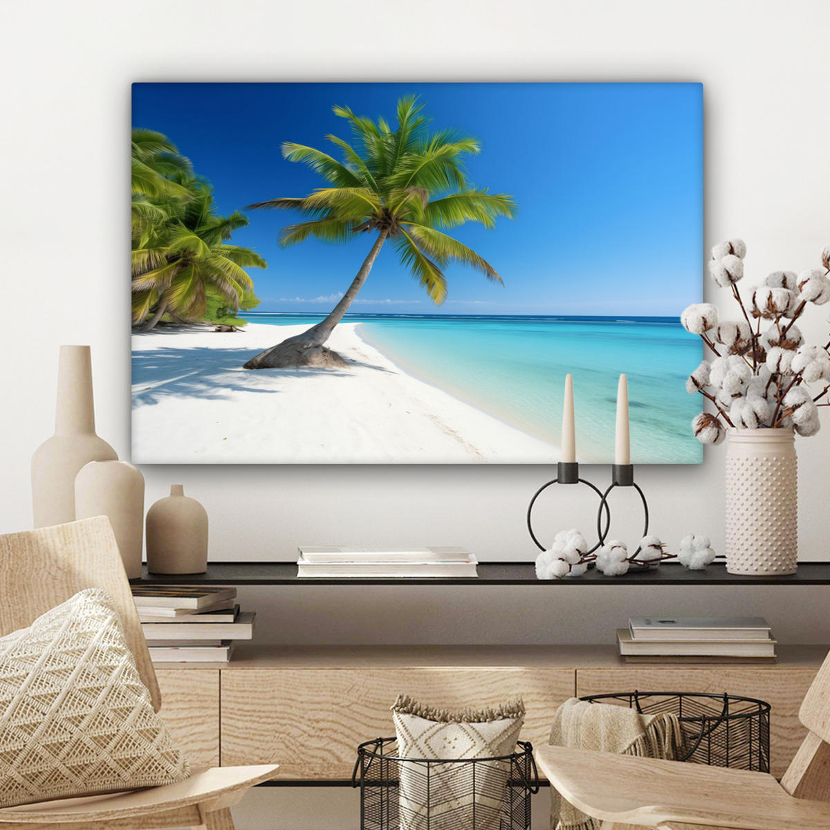 LEINWANDBILD Strand - Palme - Tropisch - Meer Gemälde 60x40 cm - Grün, Textil (60/40cm) - MuchoWow