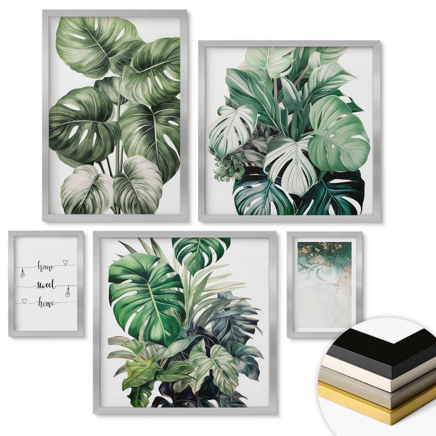 WANDBILDER 5er Set - 50x50 cm & 20x30 cm & 40x60 cm Silberner Rahmen - Aquarell-Monstera-Blätter - Silberfarben, Kunststoff (40/60cm) - ArtPrintCave