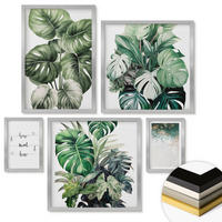 WANDBILDER 5er Set - 50x50 cm & 20x30 cm & 40x60 cm Silberner Rahmen - Aquarell-Monstera-Blätter - Silberfarben, Kunststoff (40/60cm) - ArtPrintCave