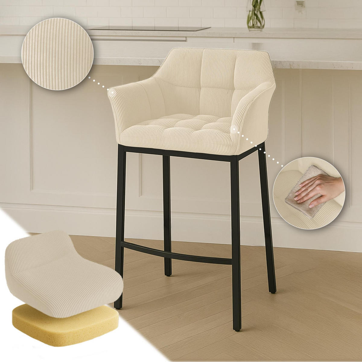 BARHOCKER Damaso Cordbezug 110x64x48 cm creme - Creme, Metall (64/110/48cm) - furnicato