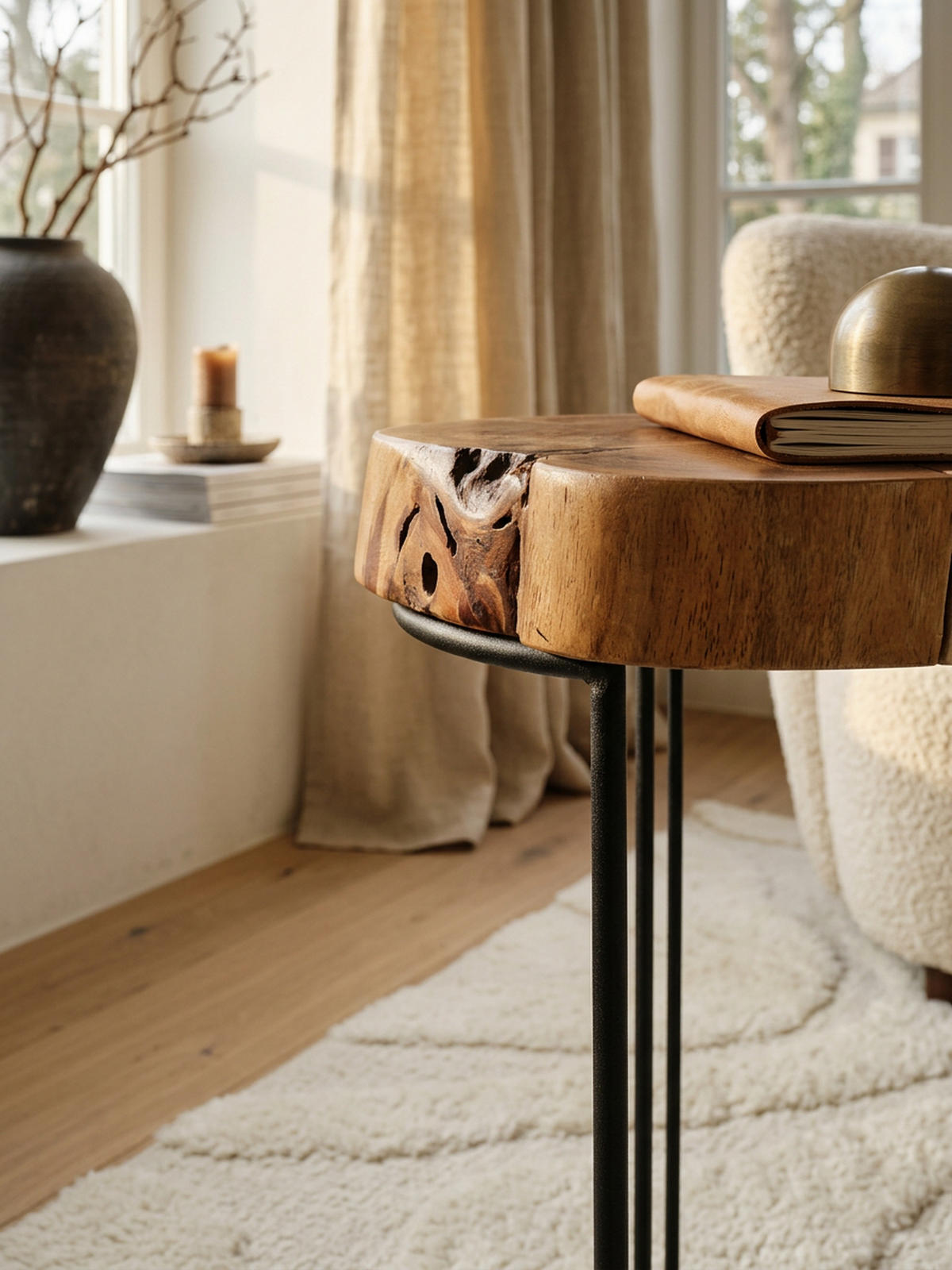 BEISTELLTISCH Massivholz Metallgestell Baumstammplatte Landhausstil INDI, Beige 28x28x45 cm - Beige/Schwarz, Holz/Metall (28/28/45cm) - KADIMA DESIGN