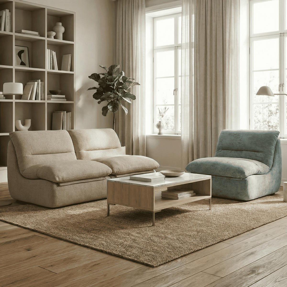 SITZGARNITUR Nuvia Sofa und Sessel Sand und Salbei - Sandfarben/Salbeigrün, Textil (160/73/100cm) - COCO Living