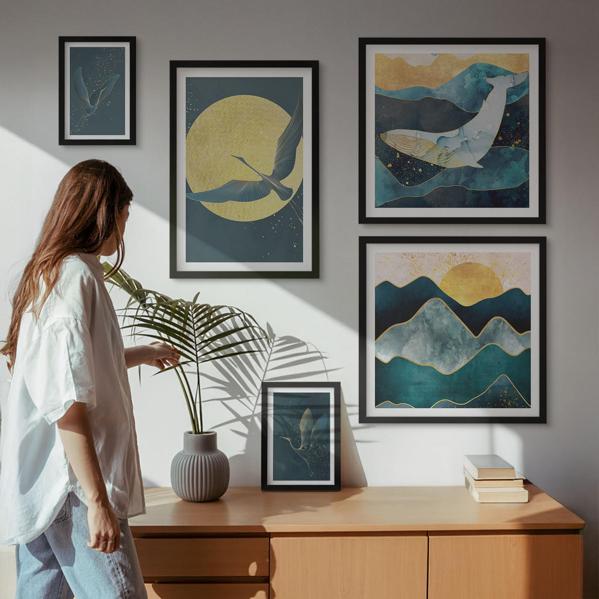 BILDER SET 5er Set - 50x50 cm & 20x30 cm & 40x60 cm Schwarzer Rahmen - Vögel, Kraniche, Mond, Berge - Schwarz, Kunststoff (40/60cm) - TULUP