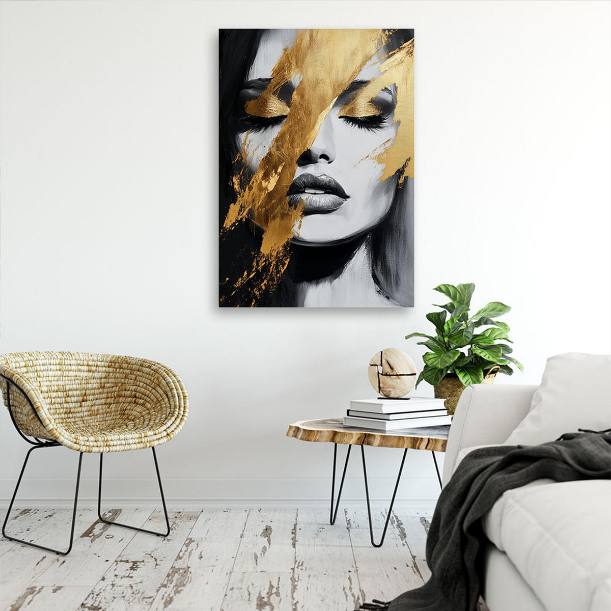 LEINWANDBILD Frauengesicht Porträt mit Gold Glamour 60x90cm - Goldfarben, Textil (60/90cm) - Feeby