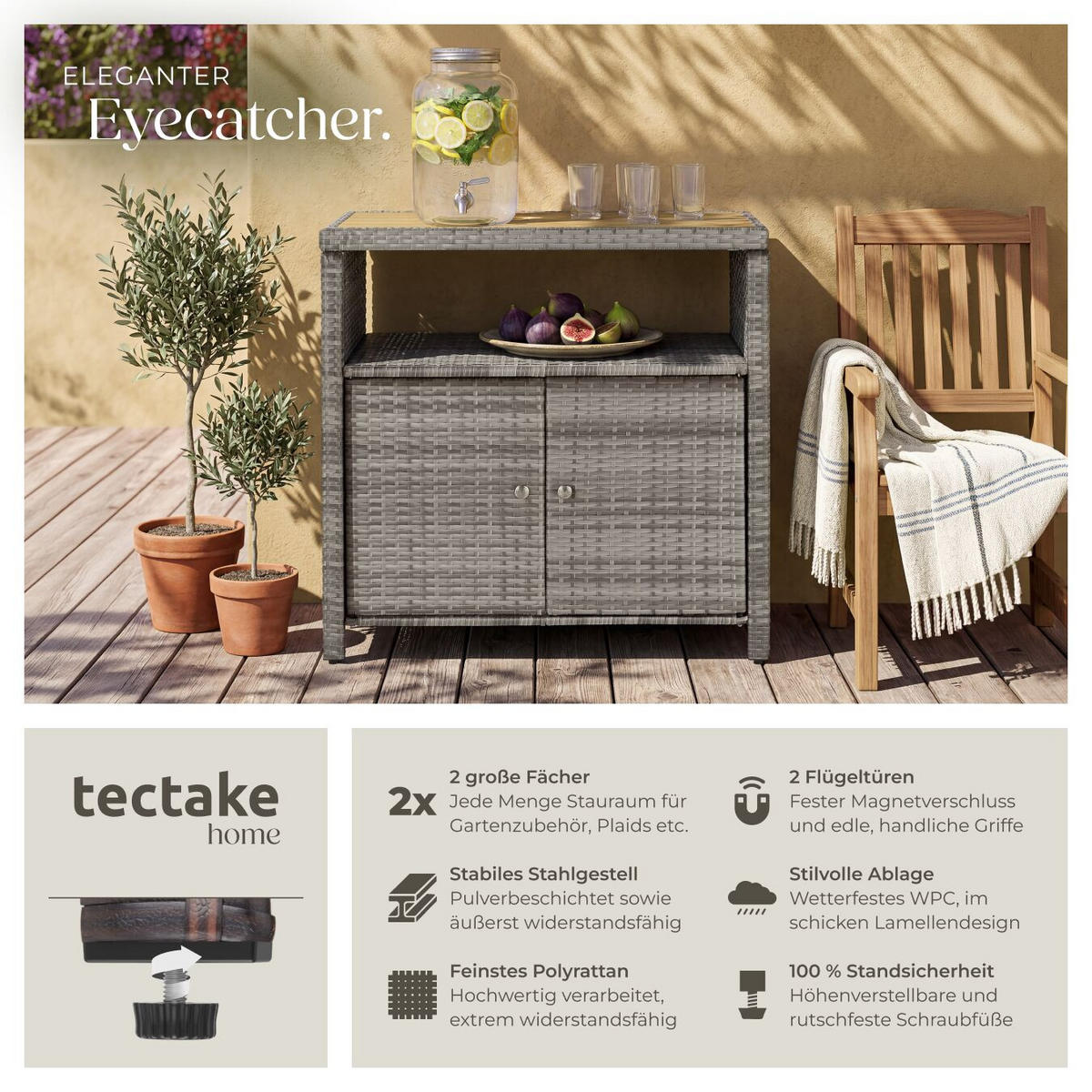 GARTENSCHRANK Monscia, höhenverstellbare Füße, 90 x 55,5 x 87 cm, grau - Grau, Kunststoff (90/97/55.5cm) - tectake