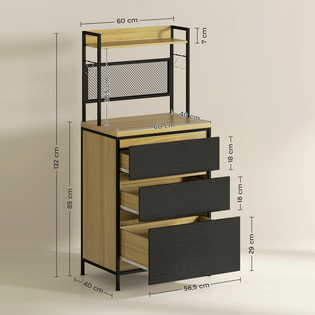 HIGHBOARD DE-11156 Industrie-Design, 3 Schubladen Naturholz/Schwarz - Naturfarben, Holzwerkstoff (40/132/60cm) - ComfortXL