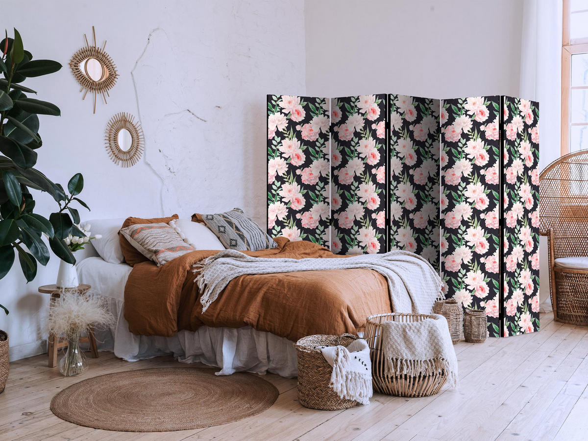 PARAVÁN Akustický 5-dielny 225x172 cm Pivonky Kvety - viacfarebná, drevo/textil (225/172/3cm) - Muralo