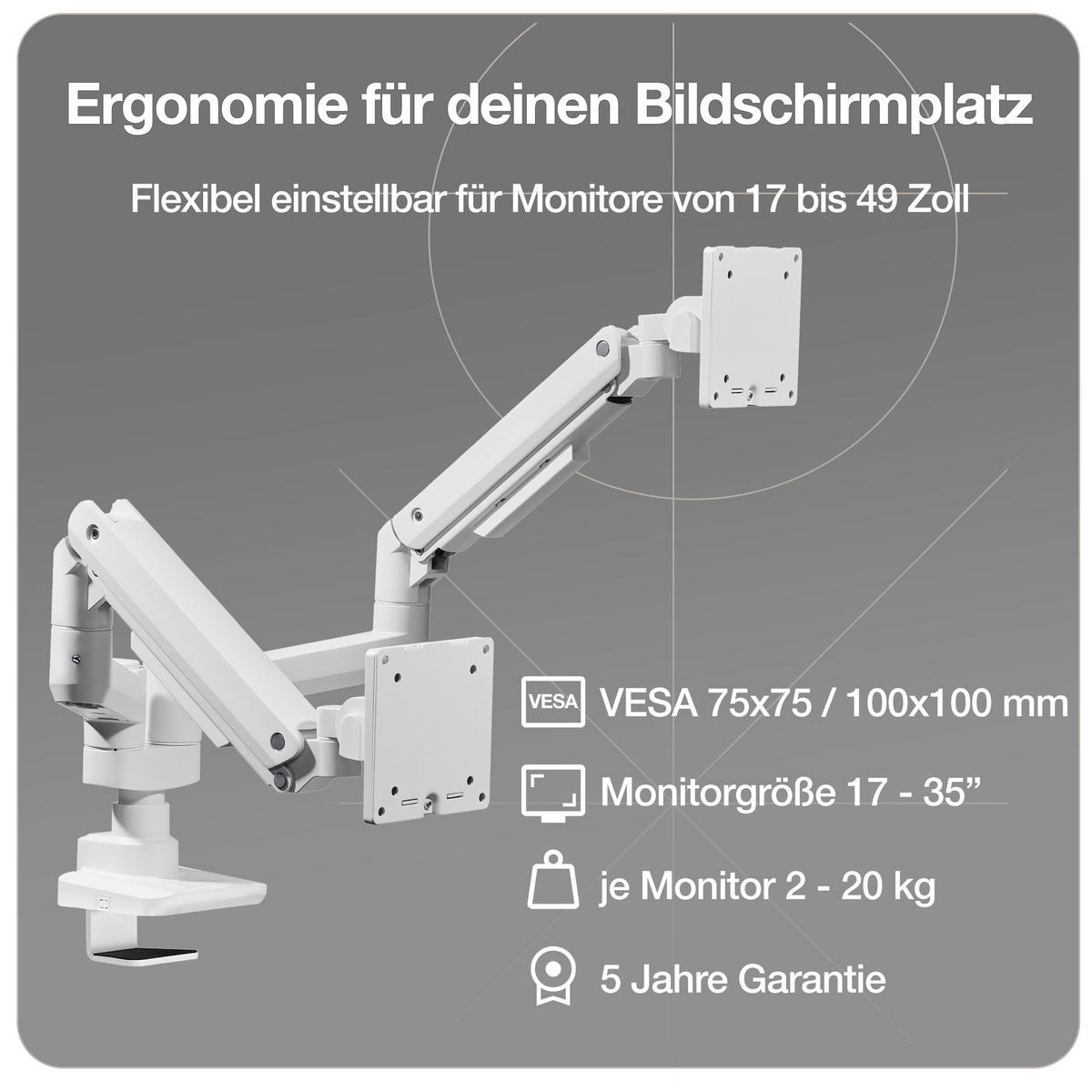 MONITORARM Doppel-Monitorarm in weiß mit Gasfeder für 2 Monitore 17–35 Zoll bis je 20kg / Signalweiß - Weiß, Metall (25/50/13cm) - ASSMANN