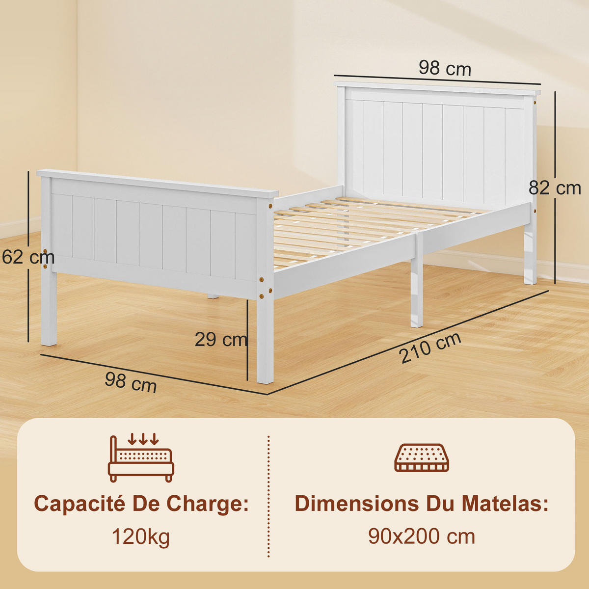 BETT 90x200 cm DE-14609 mit Lattenrost, Kopfteil und Fußteil Weiß - Weiß, Textil (90/200cm) - ComfortXL