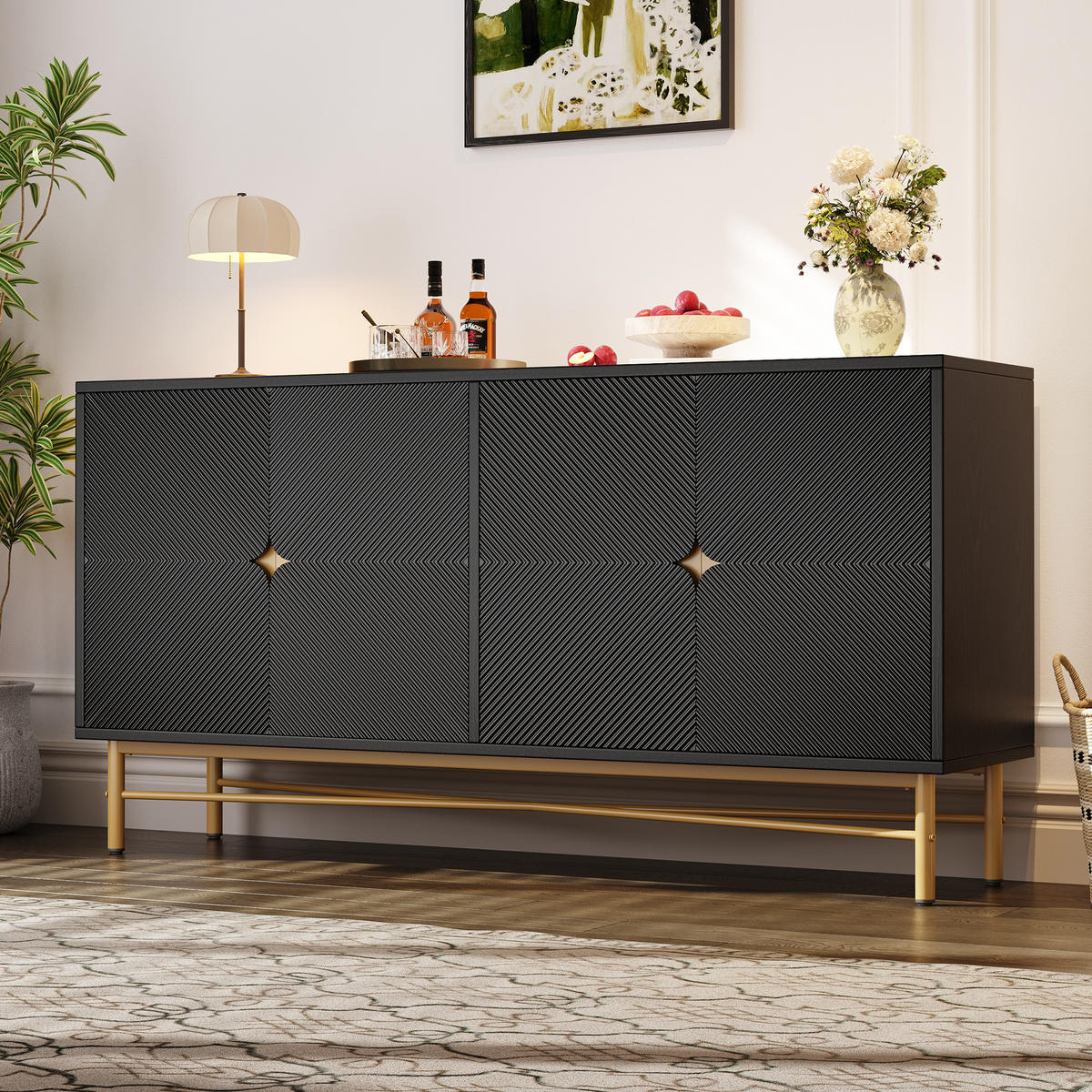 SIDEBOARD mit 2 Türen & 3 Schubladen, Schwarz & Holzoptik, 120 x 40 x 80 cm - Schwarz, Holzwerkstoff/Metall (160/82/40cm) - Urban Meuble