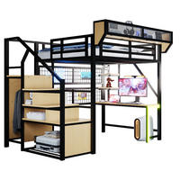 HOCHBETT 140/200 cm in Schwarz mit LED, Steckdose, Schreibtisch, Regal und Sicherheitsleiter - Schwarz/Naturfarben, Holzwerkstoff/Metall (140/200cm) - CHICFURN