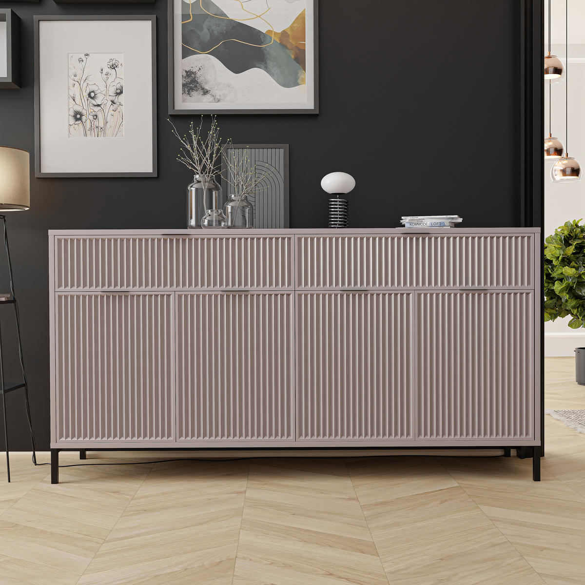 KOMMODE mit 2 Schubladen und 4 Türen, Beige - Kaschmir/Schwarz, Holzwerkstoff/Metall (165.3/86/40.6cm) - Idohome