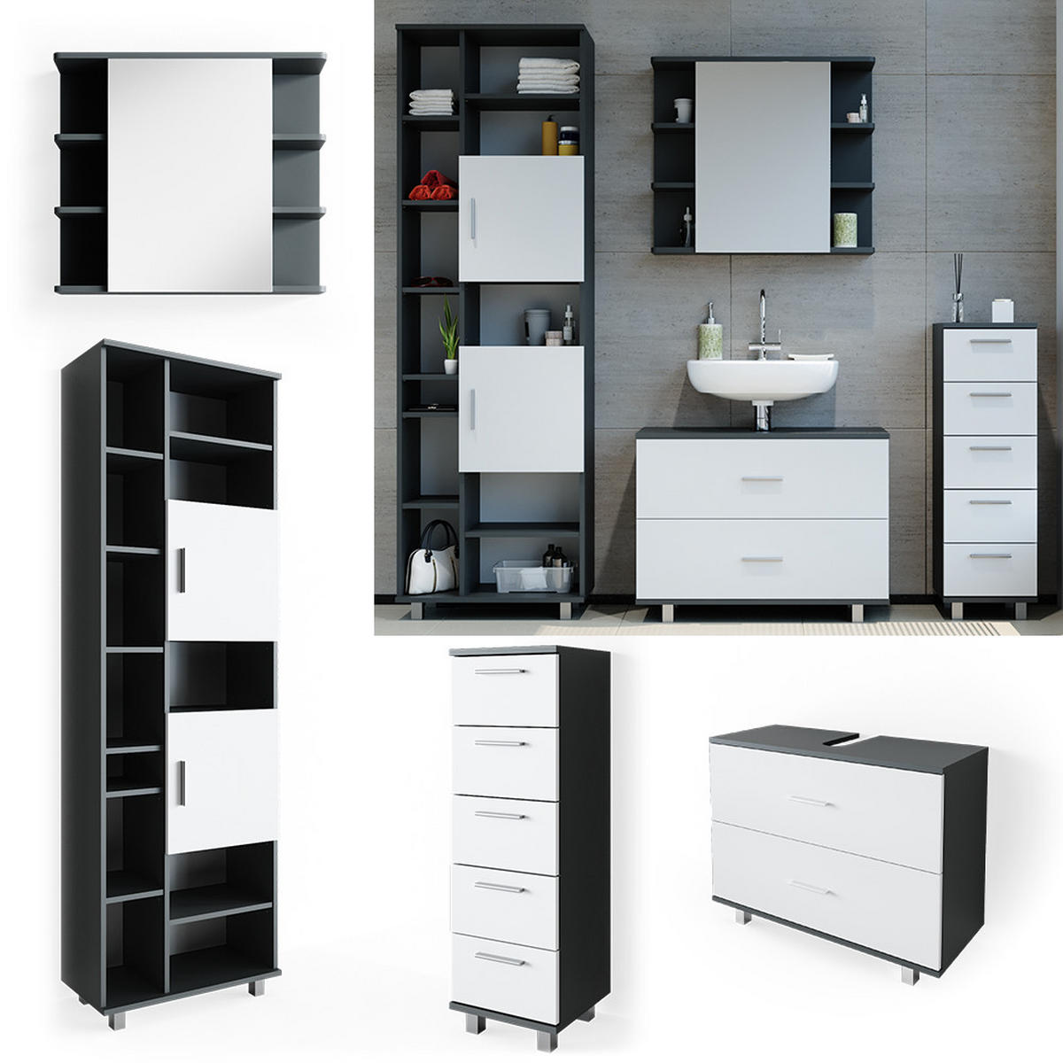 BADMÖBEL-SET Ilias Weiß/Anthrazit 4 Teile, mit Hochschrank - Anthrazit/Weiß, Holzwerkstoff (80.2/60.8/33cm) - Vicco