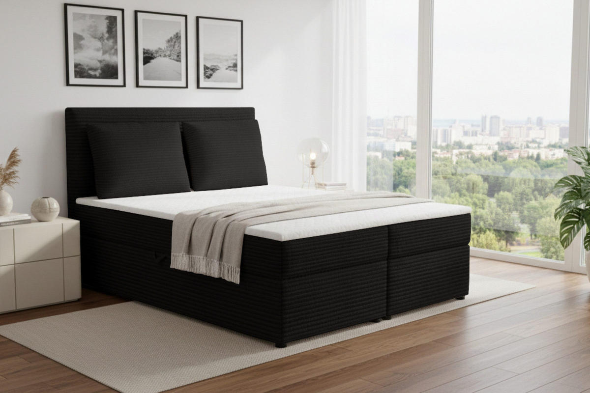 BOXBETT TAMI 120/200 in Cord Schwarz H3 - Schwarz, Holz/Holzwerkstoff (140/200cm) - Deine Möbel 24