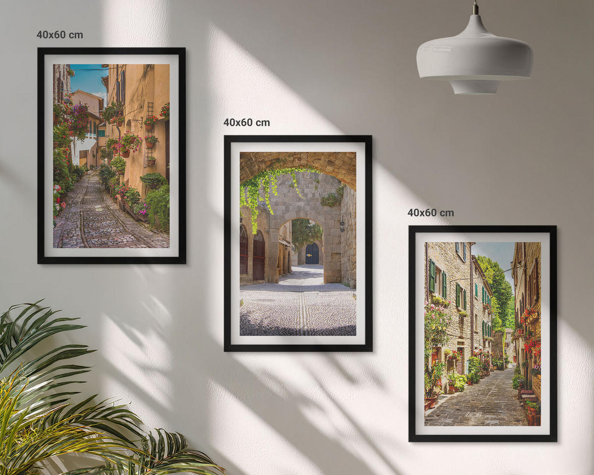 BILDER SET 3er Set - 40x60 cm Schwarzer Rahmen - Italienische Straßen, Blumen, Architektur - Schwarz, Kunststoff (40/60cm) - TULUP