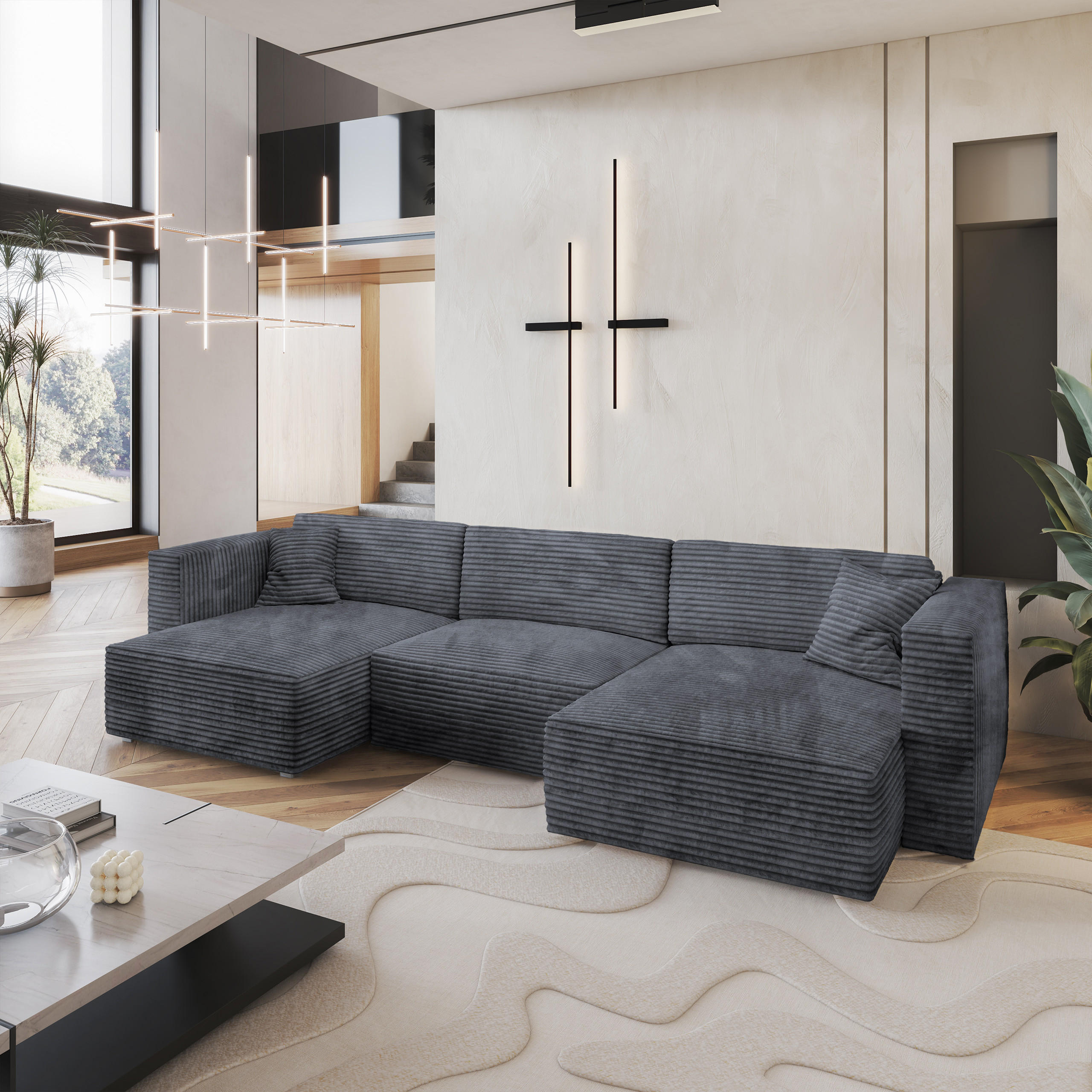 WOHNLANDSCHAFT SARMO Graphitfarben Kordstoff mit Schlaffunktion - Graphitfarben, Holz (347/90/148cm) - MASSENO