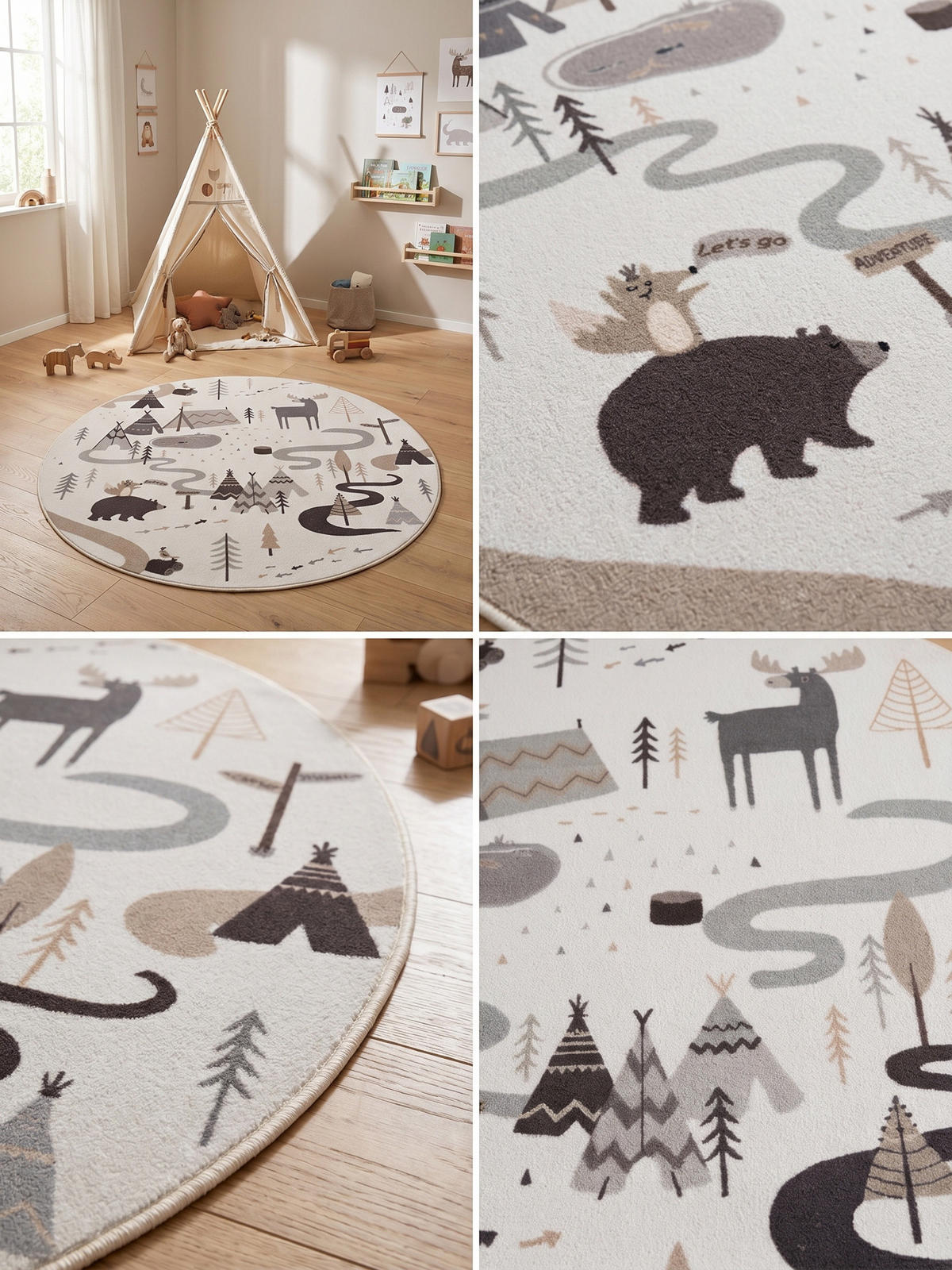 SPIELTEPPICH Waschbar TINO in Creme, mit Waldtier-Motiv, Ø 200 cm - Beige, Textil (200/200cm) - KADIMA DESIGN