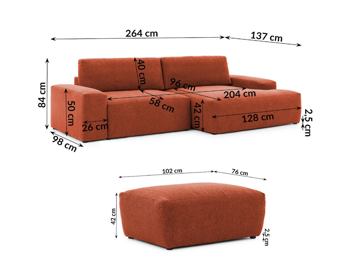 ECKSOFA inkl. Hocker Lennon aus Terrakotta Strukturstoff mit Schlaffunktion und Bettkasten - Terracotta/Schwarz, Holz/Kunststoff (264/137cm) - S-Style