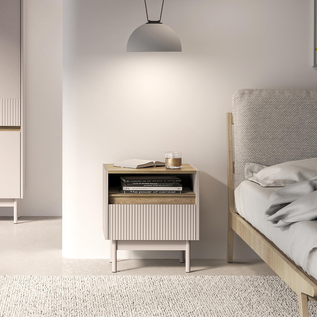NACHTTISCH NALIA, Creme/Eiche - Eichefarben/Creme, Holzwerkstoff/Metall (50/55/35cm) - KONSIMO®