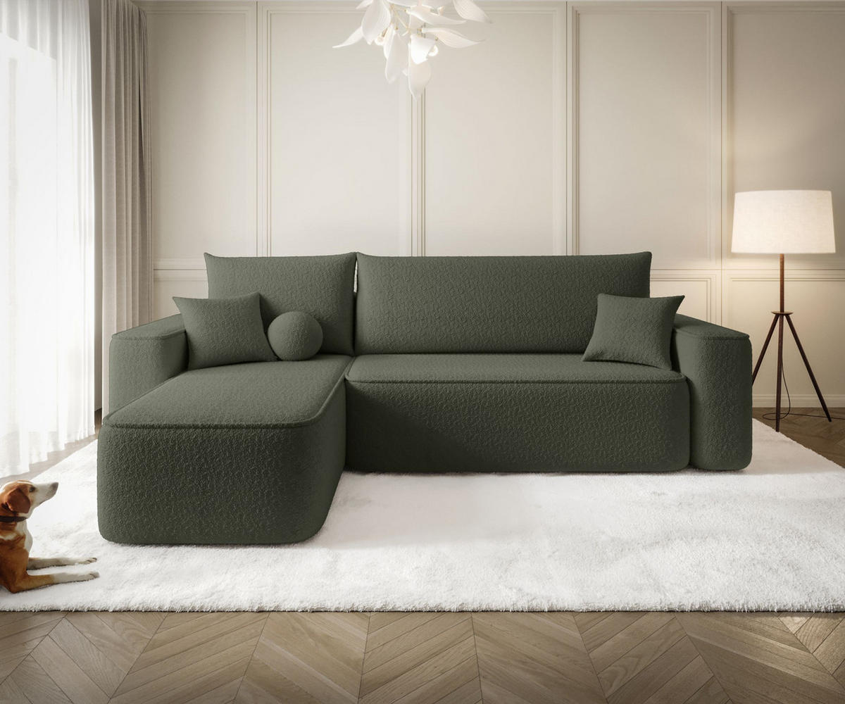 ROHOVÁ pohovka TEXAS levá tmavě zelená buklé Quelle 37 - funkce spaní, úložný prostor - smaragdově zelená, textil (250/150cm) - Cornero