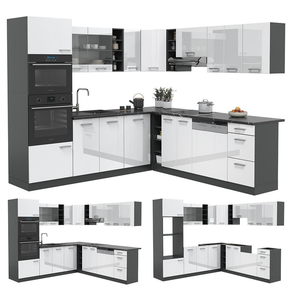 ECKKÜCHE R-Line Weiß Hochglanz/Anthrazit 237 x 60 cm ohne AP - Weiß Hochglanz/Anthrazit, Holzwerkstoff (247/81.6/46cm) - Vicco