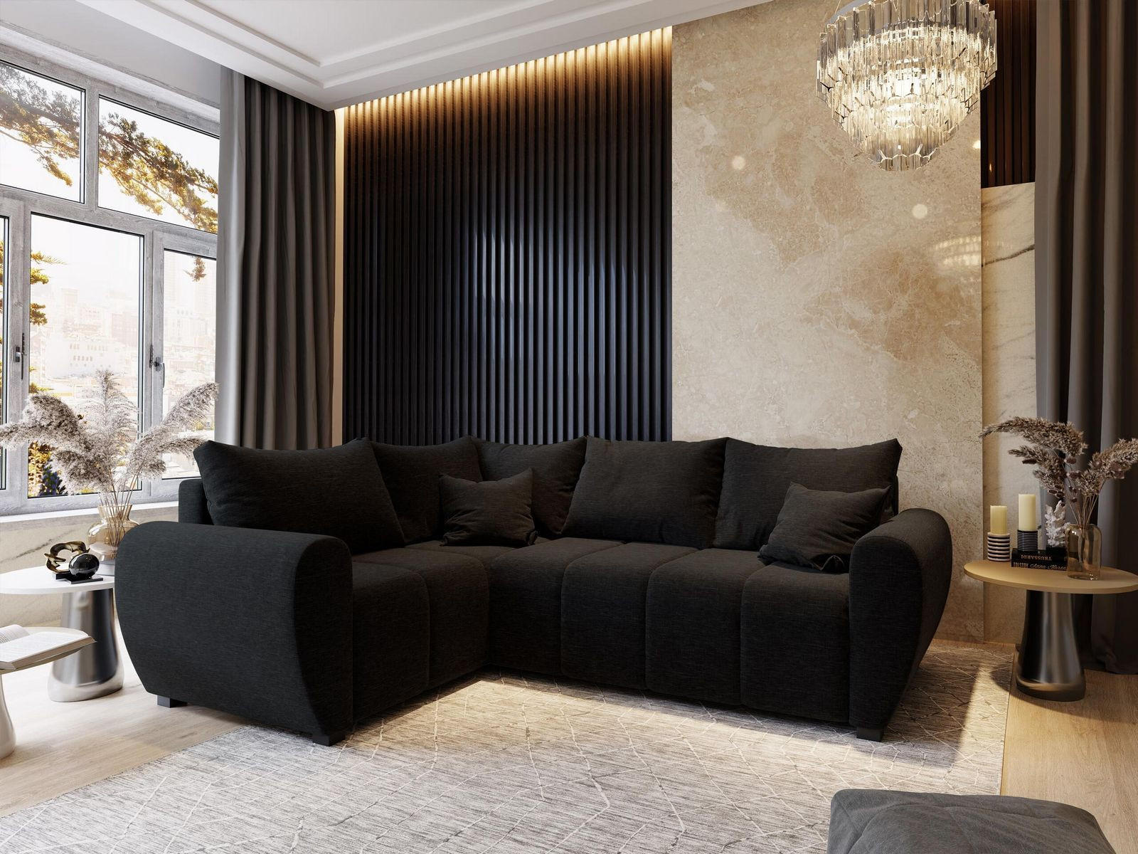 ECKSOFA MADISON L L-S Schwarz Dünner Stoff mit Schlaffunktion - Schwarz, Holz (235/175cm) - MASSENO