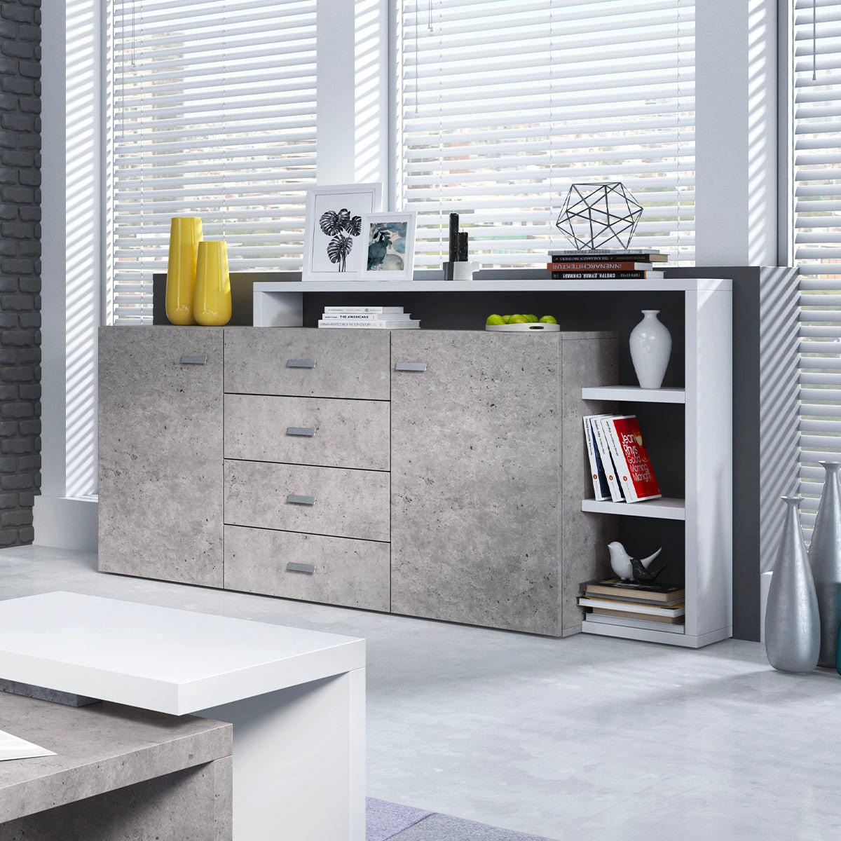 SIDEBOARD Ilyes Weiß und Beton - Weiß, Holzwerkstoff (180/98/37cm) - Petits-meubles