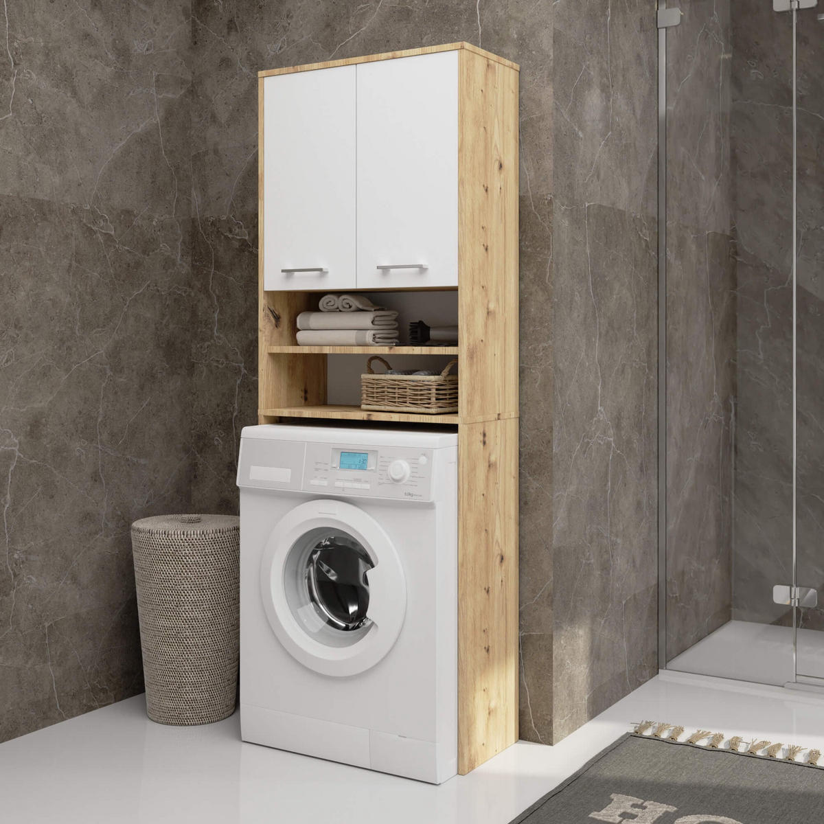 WASCHMASCHINENUMBAUSCHRANK mit zwei Türen, 64 × 30 × 190 cm Aristan Eiche, Weiß 64\180\30 cm - Weiß/Eiche Artisan, Holzwerkstoff (64/180/30cm) - RAUMHIRSCH FURNITURE