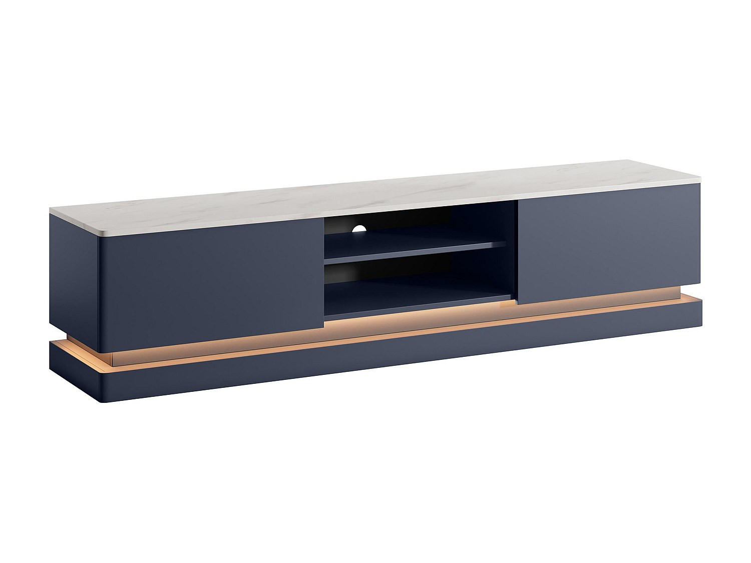 TV-MÖBEL mit 2 Schubladen & 2 Ablagefächer + LED-Beleuchtung - MDF - Blau & Marmor-Optik Weiß - DEVIKA - Blau, Holz (190/44/40cm) - Vente-Unique