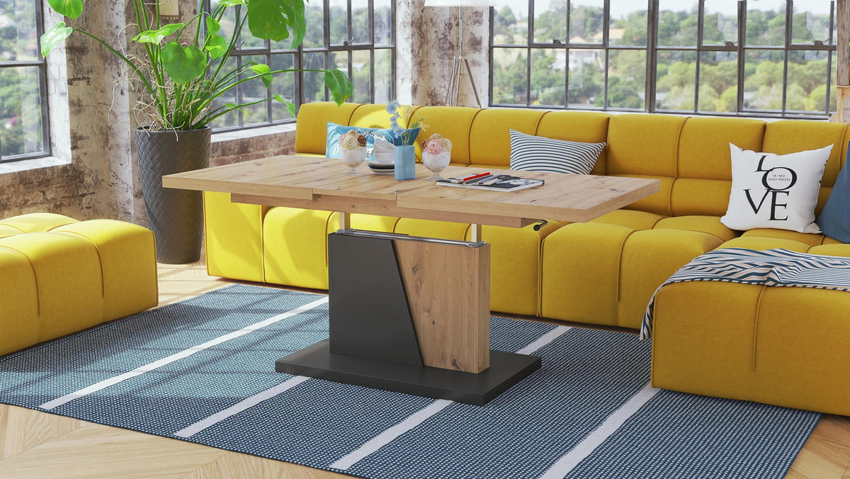COUCHTISCH rechteckig Eiche Artisan - Anthrazit ausziehbar höhenverstellbar - Anthrazit/Eiche Artisan, Holzwerkstoff (70/120/60cm) - designimpex