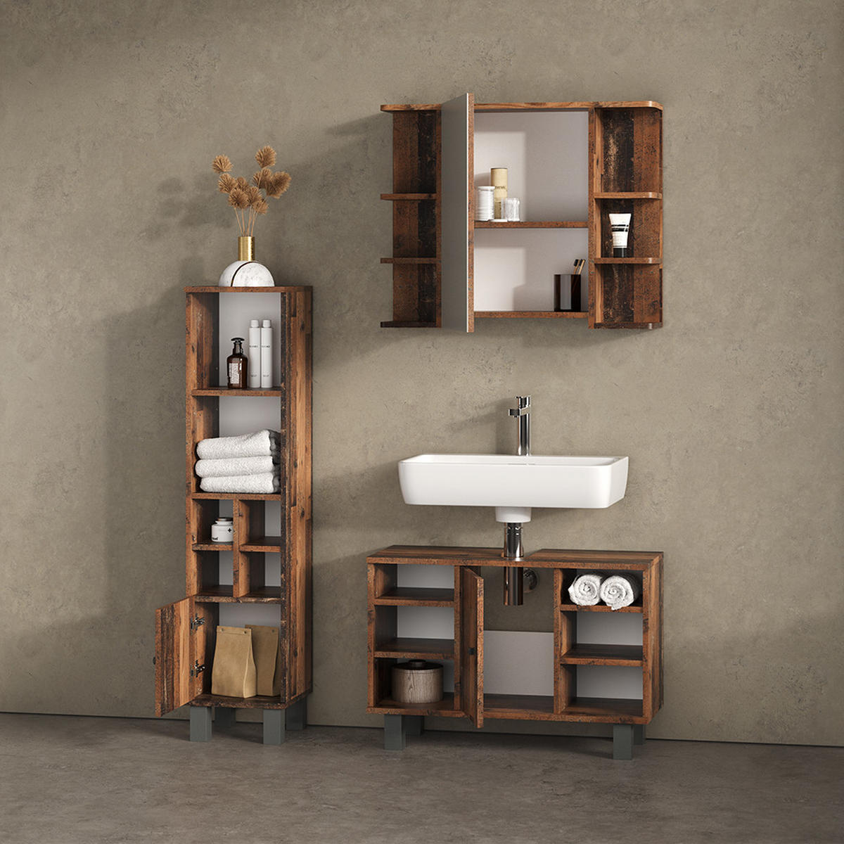 BADMÖBEL-SET Fucino Eiche rustikal 2 Teile, Unterschrank 80 cm - Wildeiche, Holzwerkstoff (60/54/32cm) - Livinity®