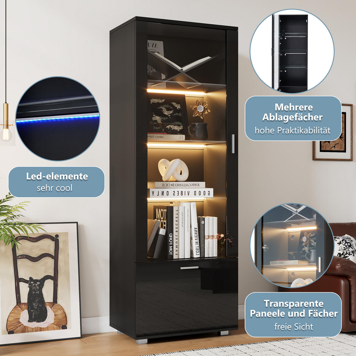 VITRINE Schwarz 50/40/160 cm - Schwarz, Holzwerkstoff (40/160/50cm) - PANGIVO